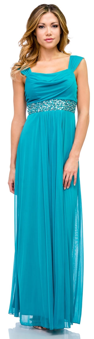 Empire Cut Long Formal Dress with Cap Sleeves  — in Dark Turquoise
