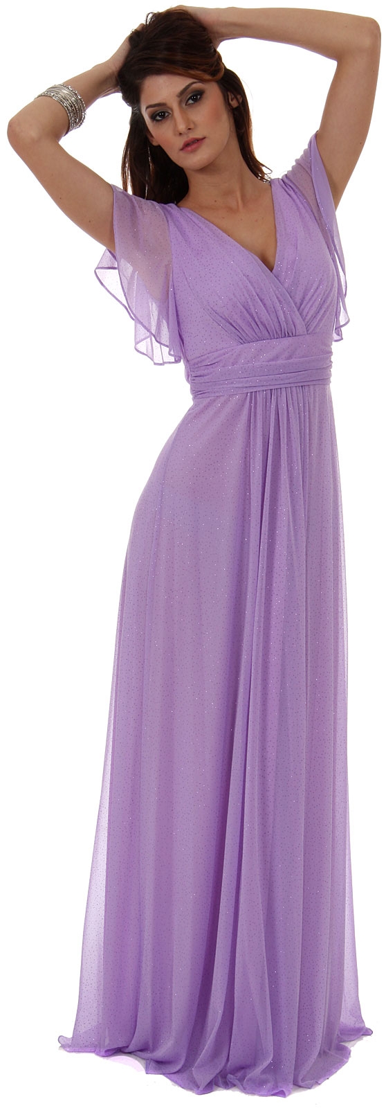 Glittered V-Neck Long Formal Dress with Flutter Sleeves — in Lilac