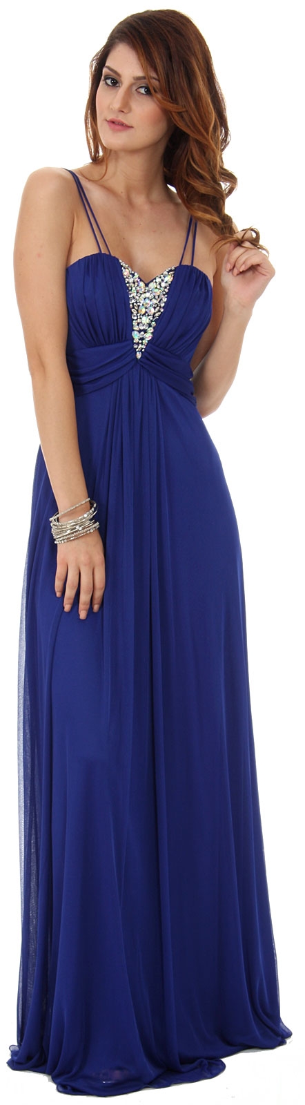 Double Spaghetti Straps Long Formal Dress with Jewels — in Royal Blue