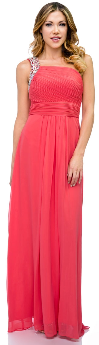 Bejeweled One Shoulder Long Formal Bridesmaid Dress — in Coral