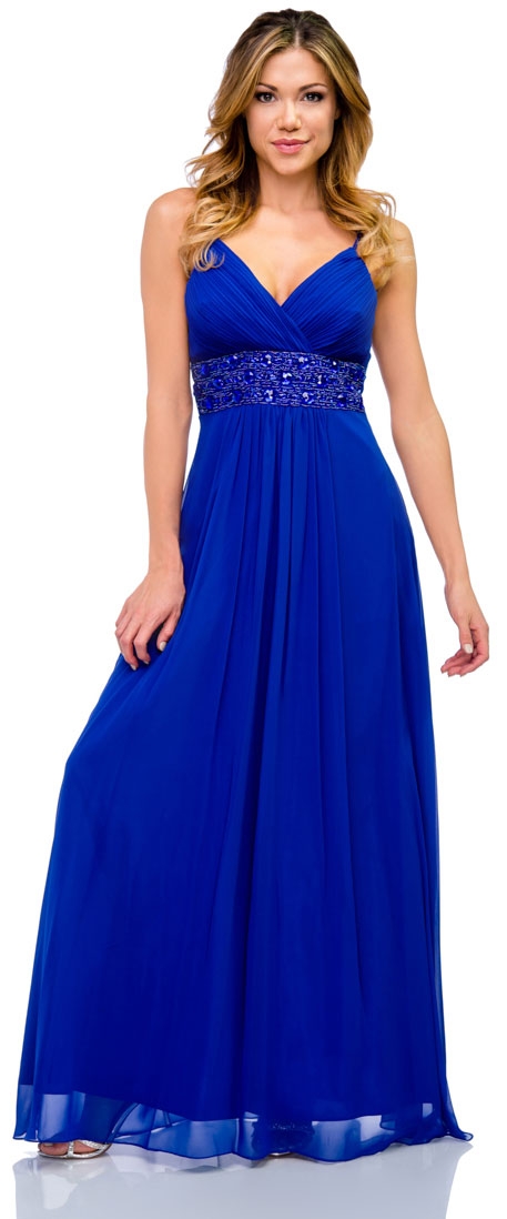 Spaghetti Straps V-Neck Long Formal Dress with Chunky Beads 