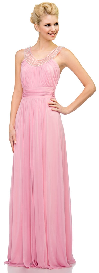 Pearls U-Neck Ruched Long Formal Bridesmaid Dress  — in Dark Rose
