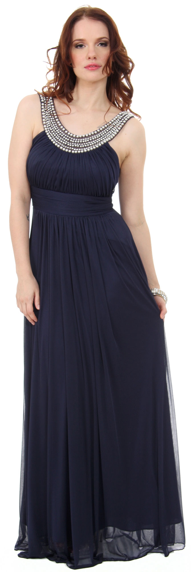 Pearls U-Neck Ruched Long Formal Bridesmaid Dress  — in Navy