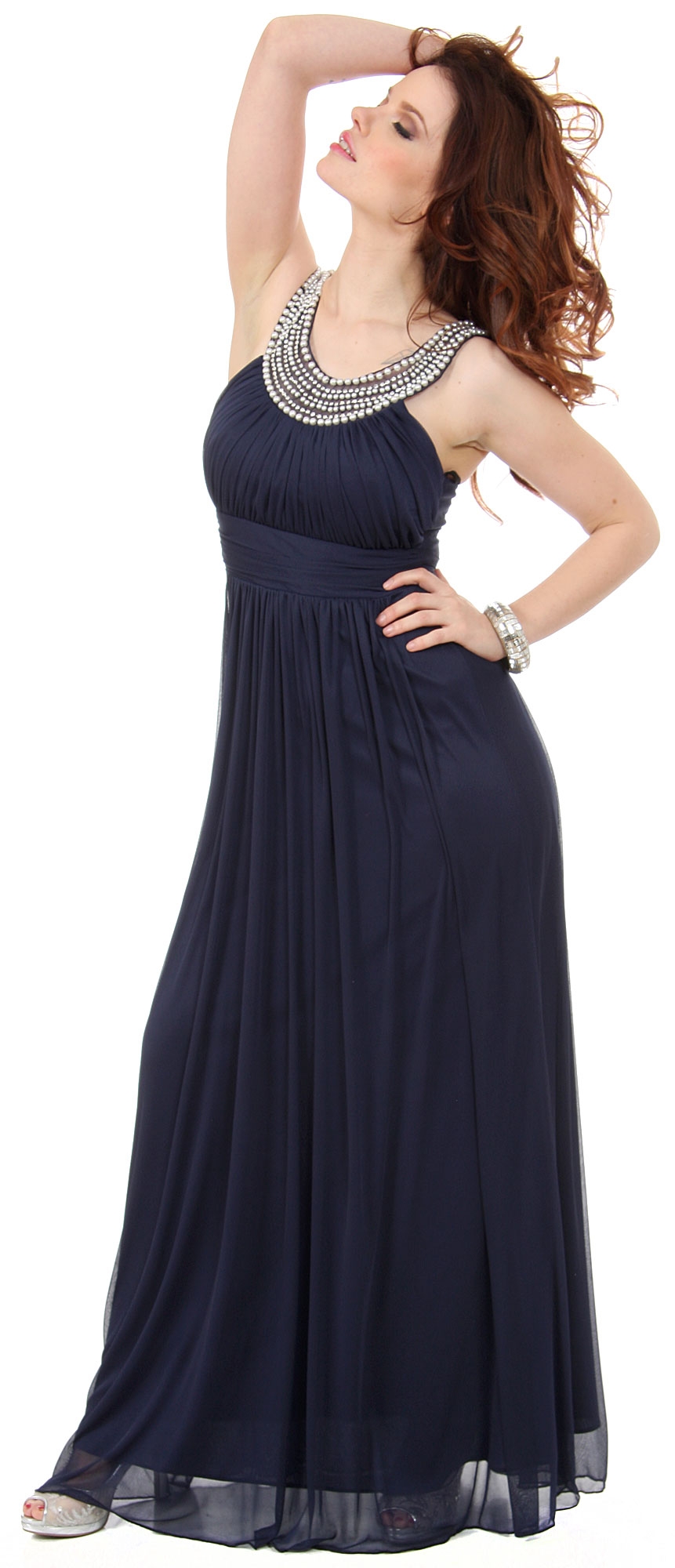 Pearls U-Neck Ruched Long Formal Bridesmaid Dress  — in alternative picture