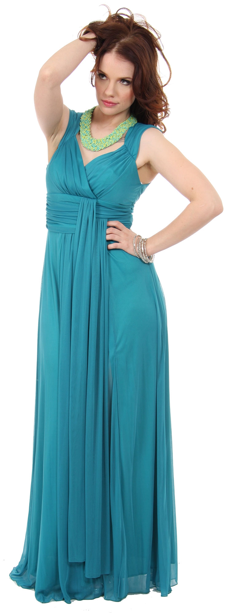 V-Neck Long Formal Dress with Cap Sleeves & Front Slit — in an alternative picture