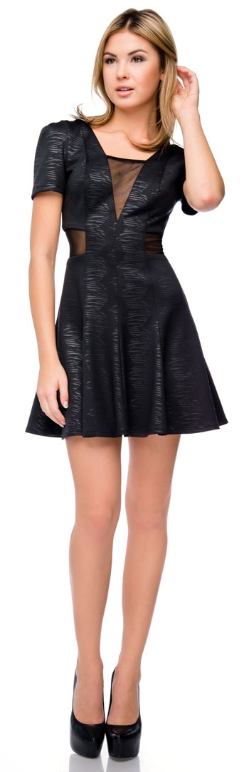 Short Sleeves Mini Party Dress with Mesh at Neck & Waist