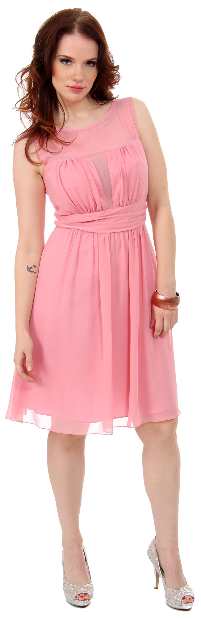Semi Sheer Top Chiffon Short Party Bridesmaid Dress — in Dusty Pink