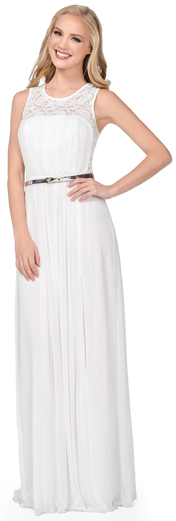 Sheer Lace Top Waist Belt Long Bridesmaid Dress