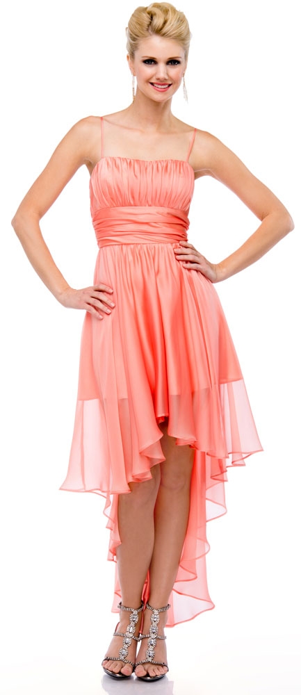 Spaghetti Straps Ruched High Low Party Prom Dress