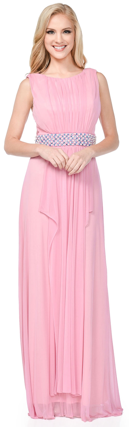 Gathered Bust Beaded Waist Long Formal Bridesmaid Dress