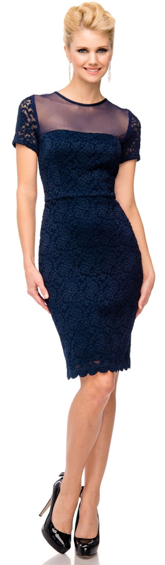 Short Sleeves Form Fitting Short Formal Party Dress in Lace — in Navy