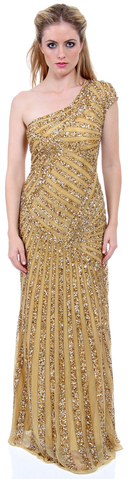 Full Length Sophisticated Sequined Evening Gown — in Gold color