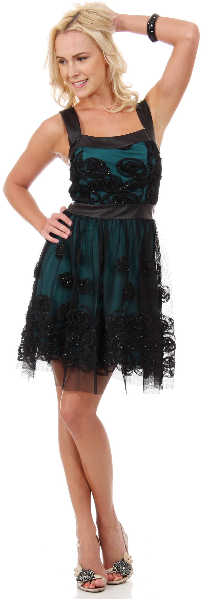 Rosette Pattern Short Formal Party Dress in Mesh — in Black/Teal