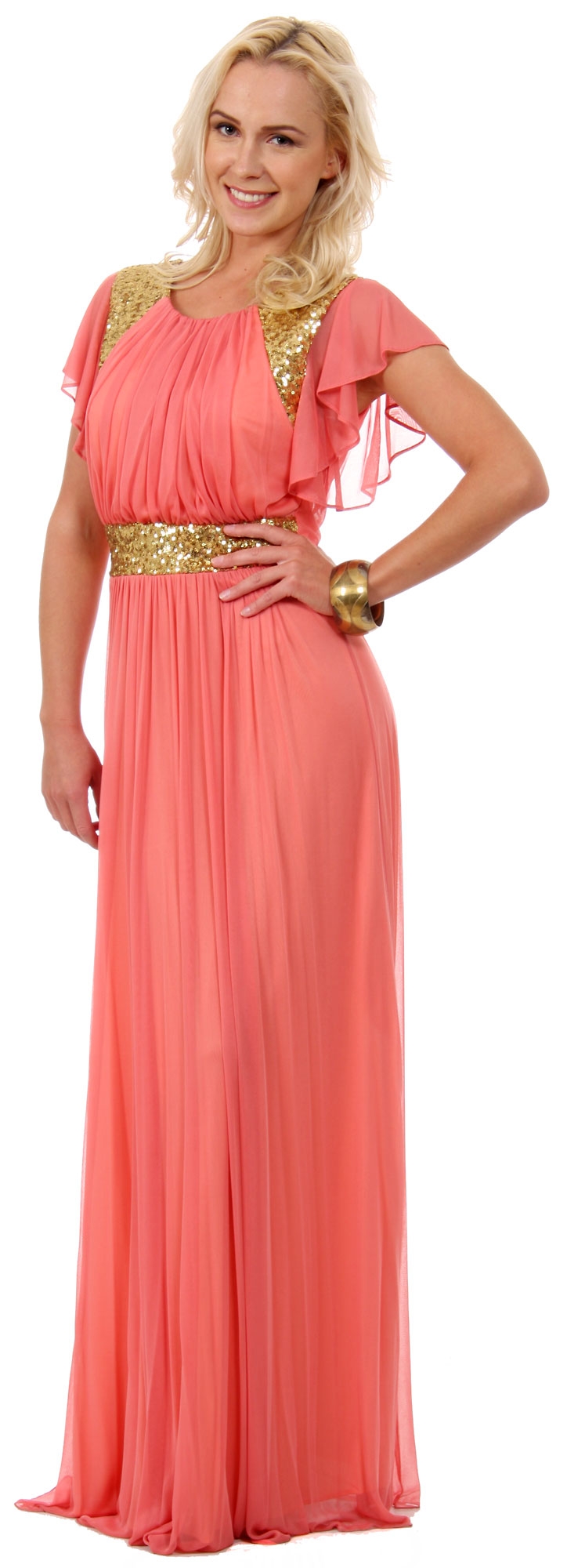 Ruffle Sleeves Long Formal Bridesmaid Dress with Sequins — in Coral