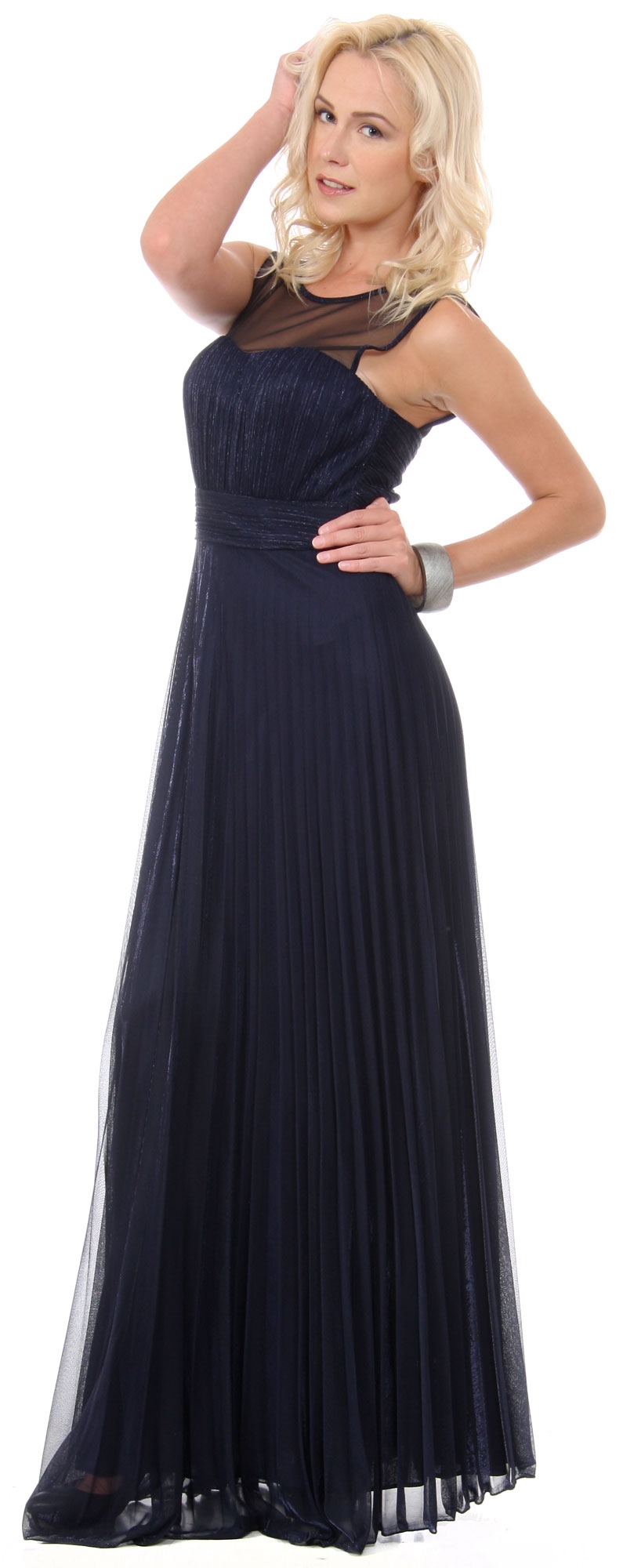 Sheer Neckline Metallic Long Formal Evening Dress — in Navy