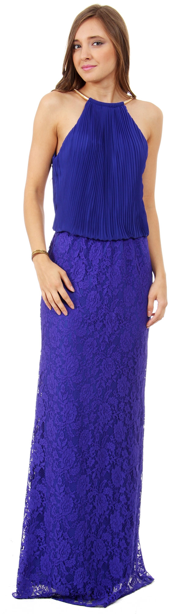 Halter Neck Pleated Blouson Top Long Bridesmaid Dress 