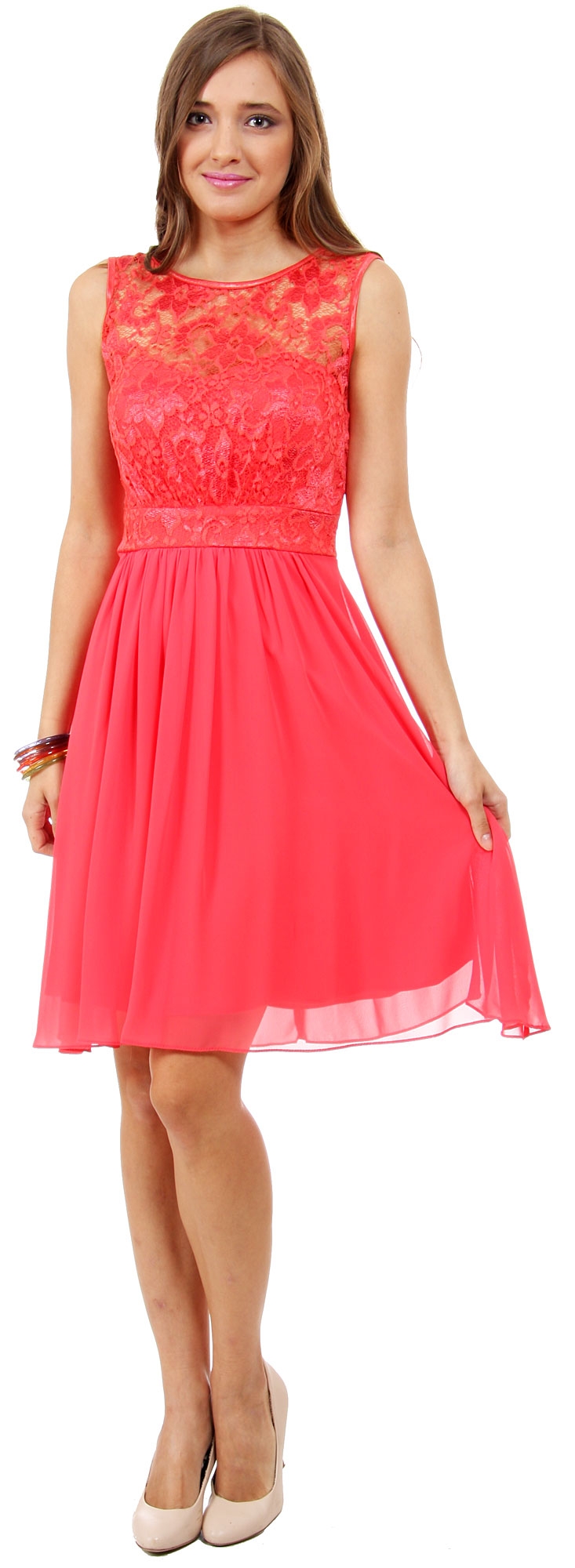 Floral Lace Top Short Bridesmaid Party Dress — in Coral
