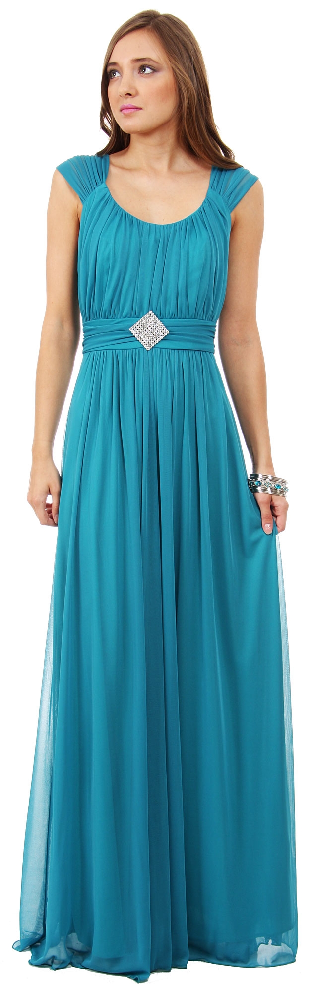 Scoop Neck Broad Straps Shirred Long Formal Bridesmaid Dress — in Jade Green
