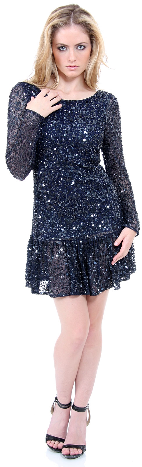 Full Sleeves Flared Skirt Sequined Mini Party Dress — in Navy
