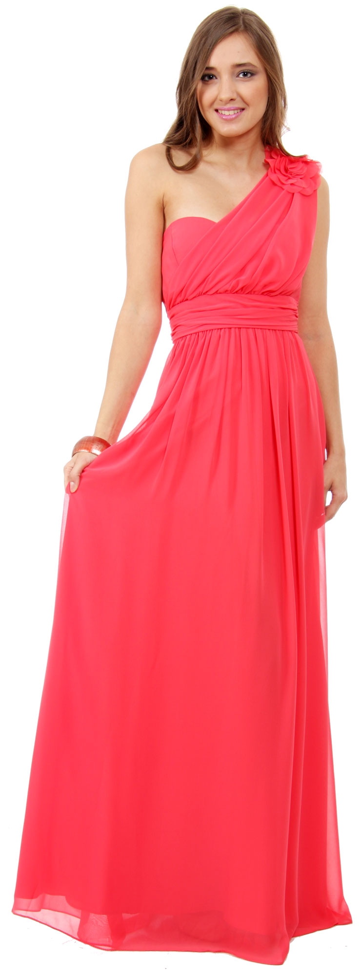 One Shoulder Long Formal Prom Dress with Floral Applique