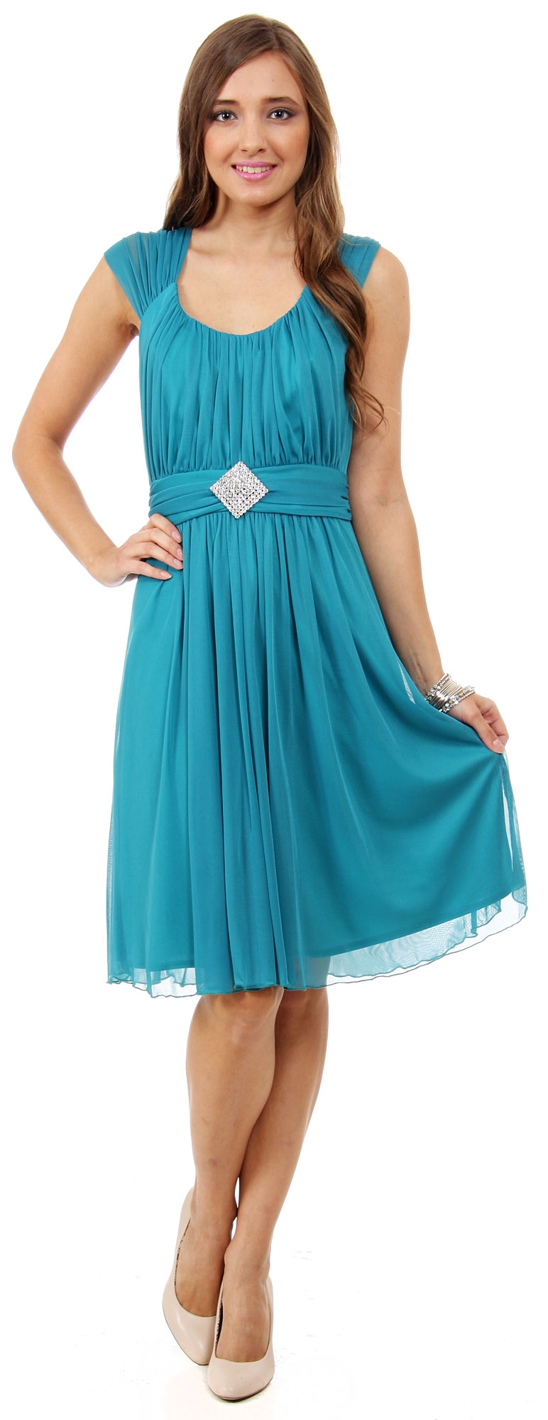 Scoop Neck Broad Shirred Short Bridesmaid Party Dress — in Jade Green