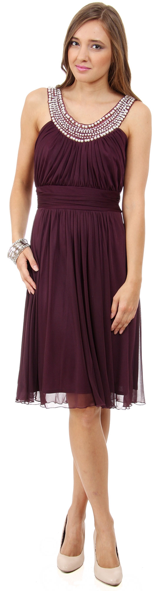U-Neck Short Party Dress with Pearls & Diamond Accent — in Plum