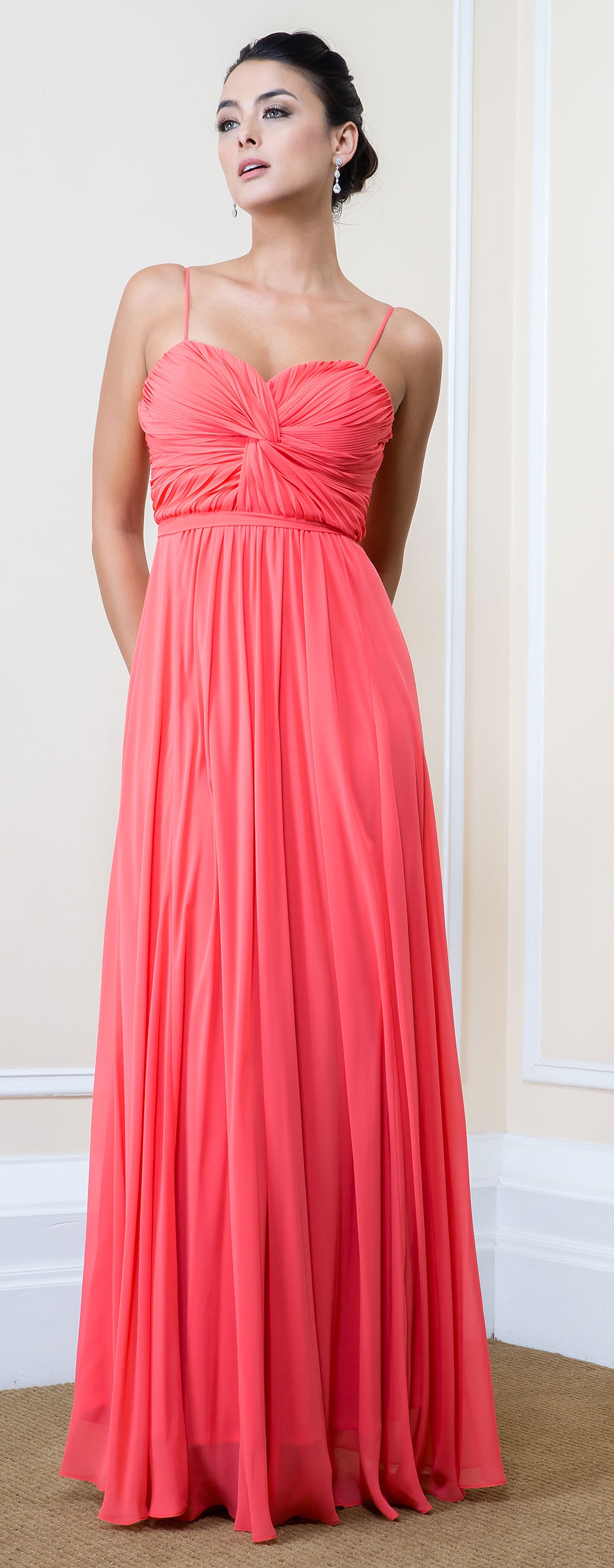 Pleated Bust Spaghetti Straps Long Formal Bridesmaid Dress