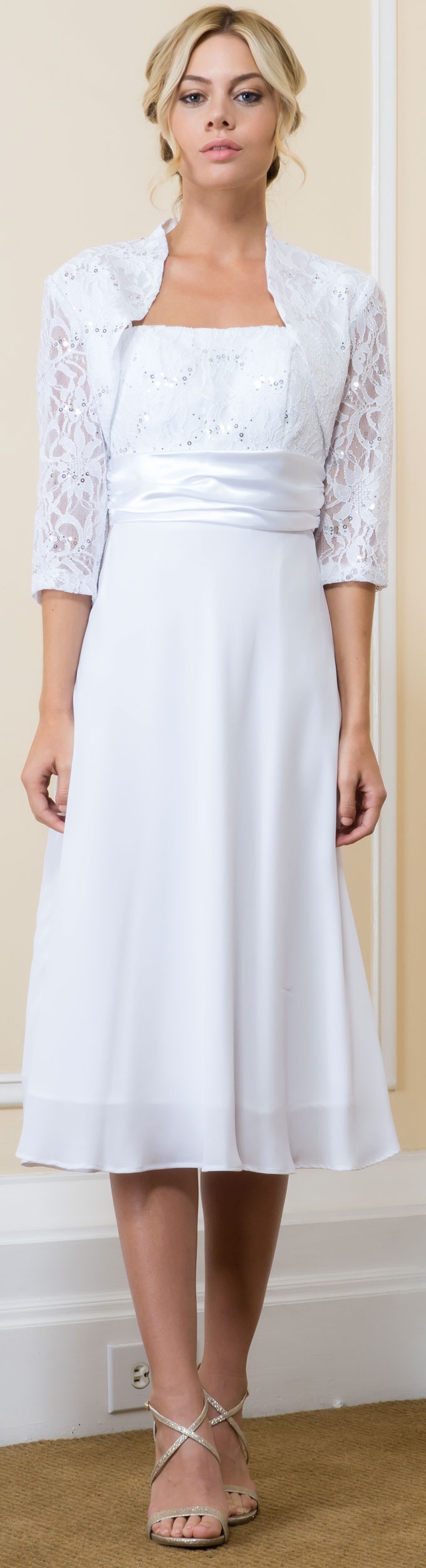 Lace Top Chiffon Skirt Formal MOB Dress with Bolero — in White
