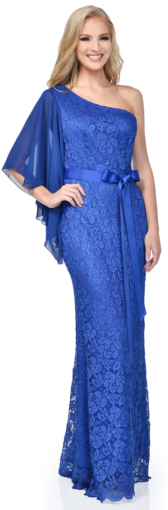 One Shoulder Flutter Sleeve Lace Long Formal Dress