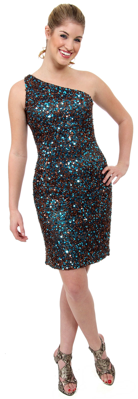 Hand Beaded and Sequined One Shoulder Short Dress — in Brown/Turquoise