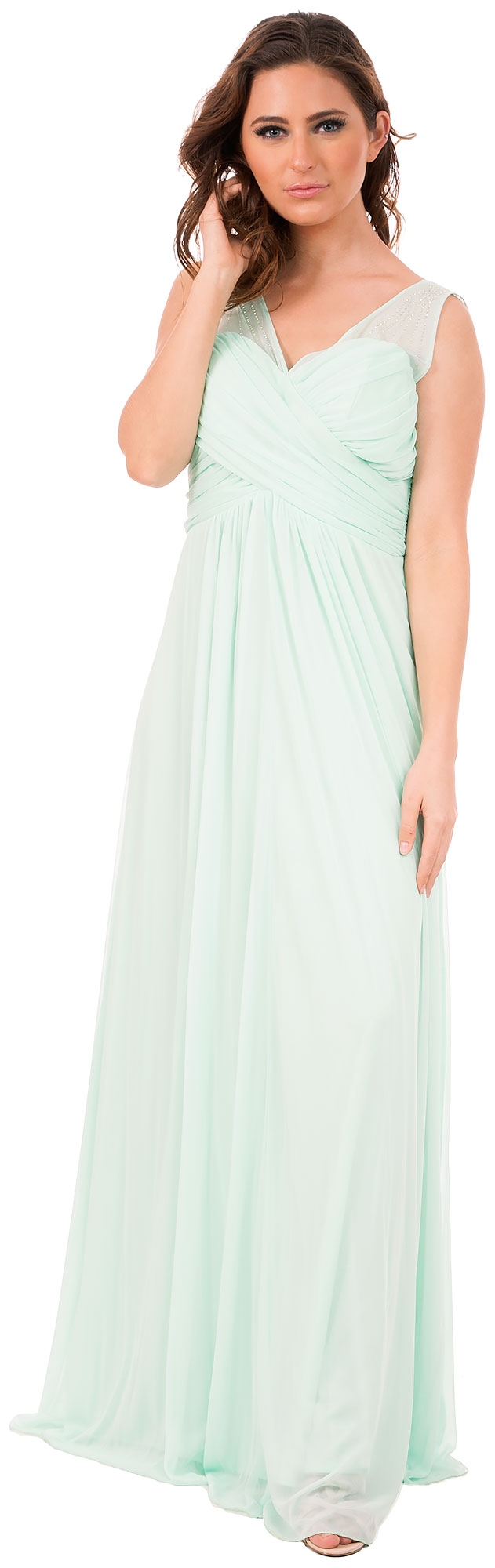 V-Neck Bejeweled Shoulders Ruched Formal Bridesmaid Dress — in an alternative picture