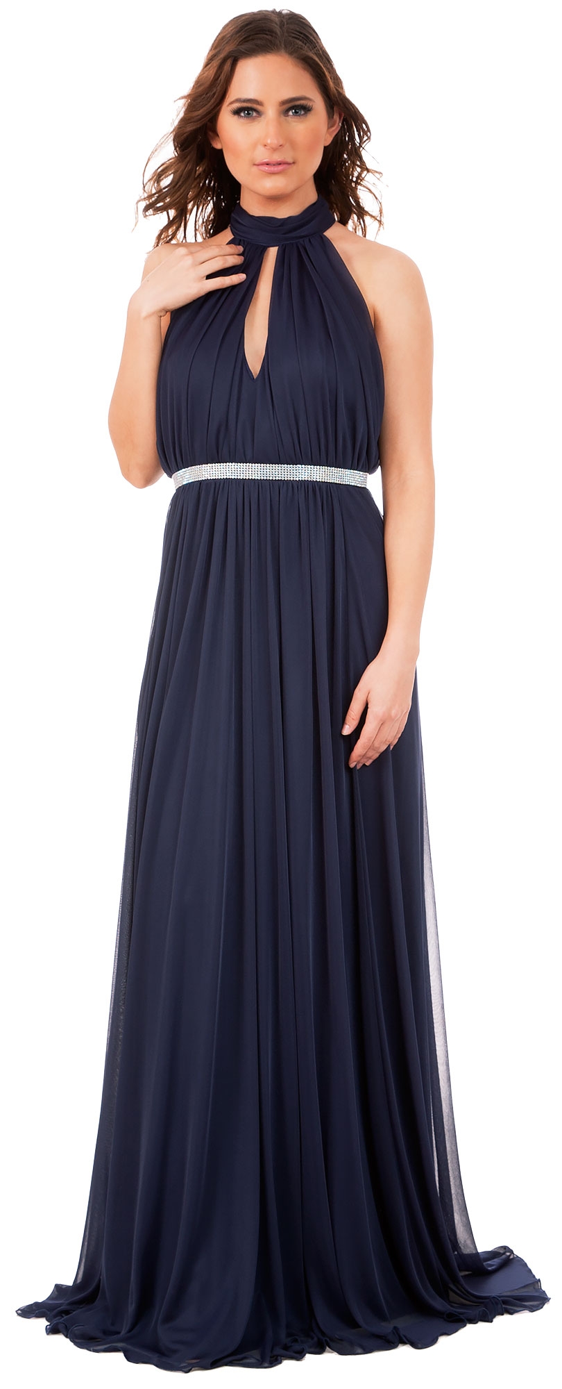 High Halter Neck Long Formal Bridesmaid Dress with Keyhole — in Navy