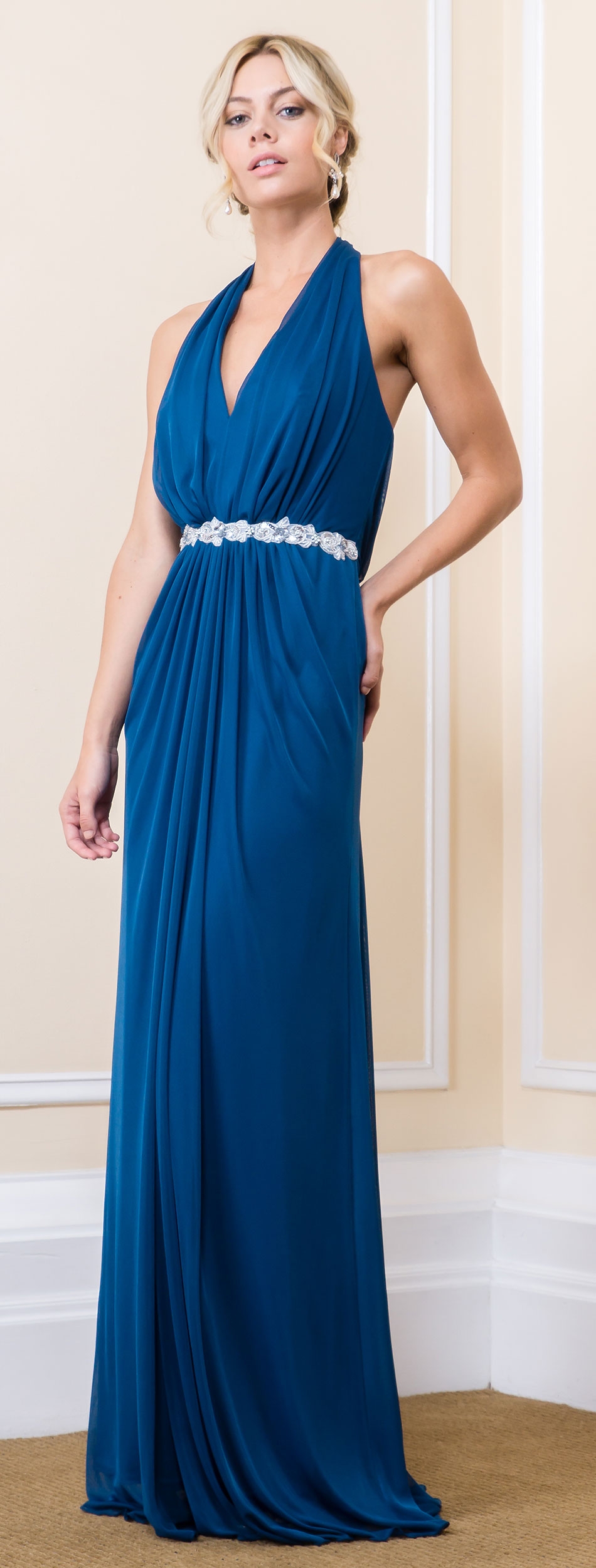 Halter Neck Floral Waist Long Bridesmaid Maxi Dress