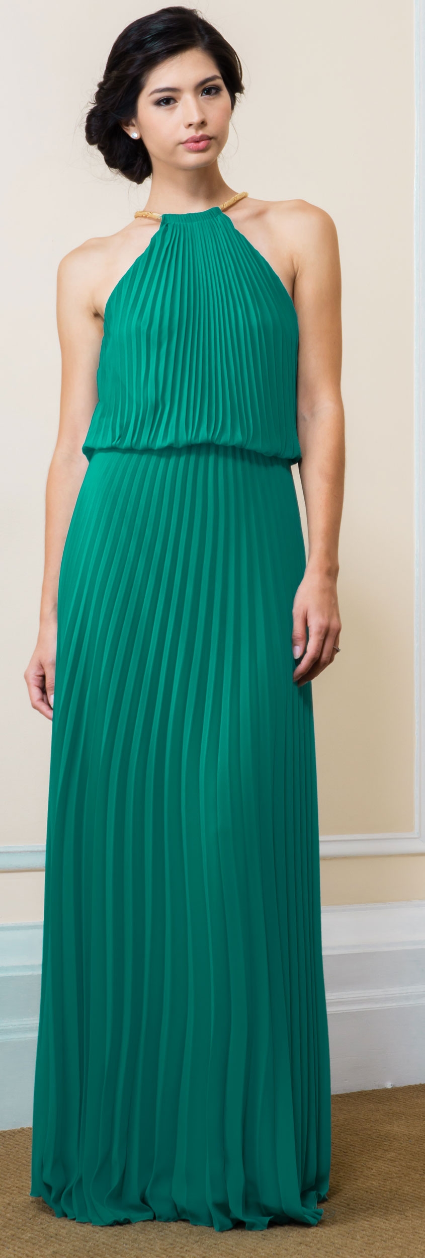 Pleated Halter Neck Blouson Top Long Formal Dress