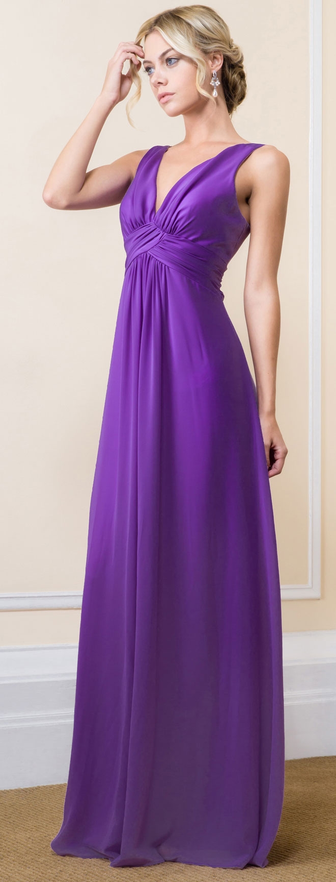 Deep V-Neck Ruched Bust Long Formal Bridesmaid Dress