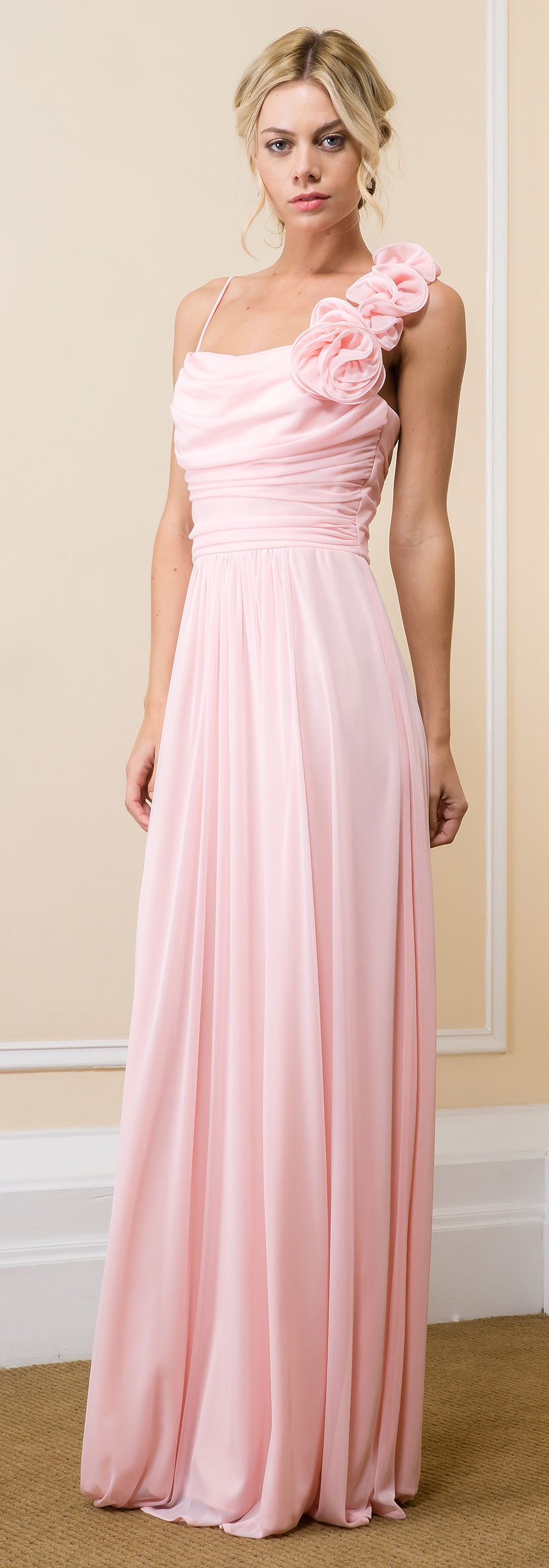 Ruched Bust Floral Shoulder Long Formal Evening Gown