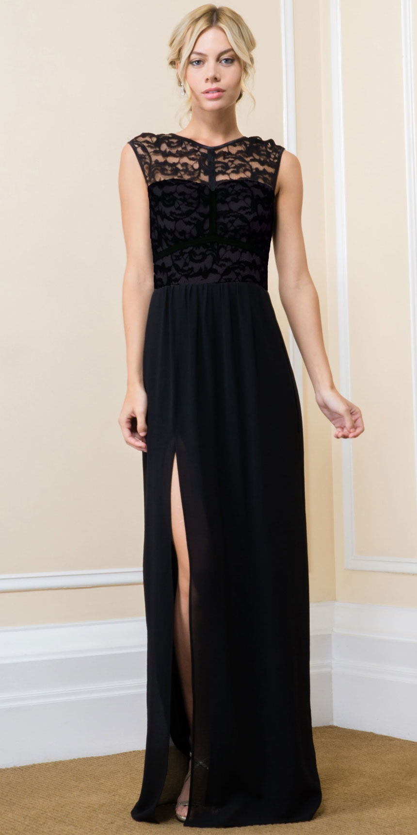 Lace Top Boat Neck Long Evening Gown with Front Slit