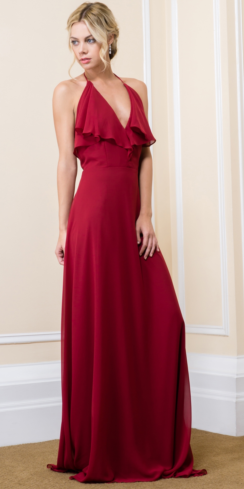 Halter Neck Flutter Top/Sleeve Long Formal Evening Dress