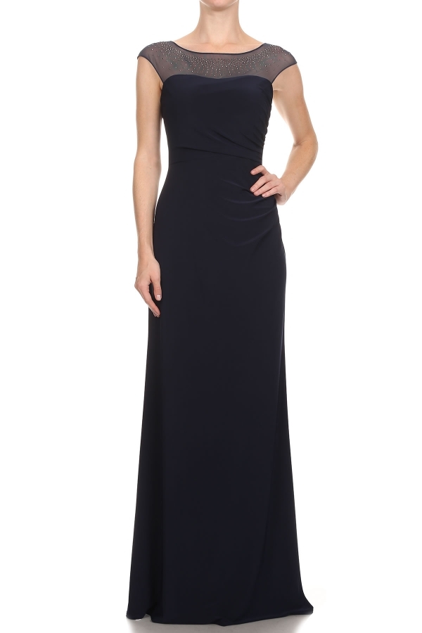 Cap Sleeve Mesh Top Formal Evening Dress with Rhinestones