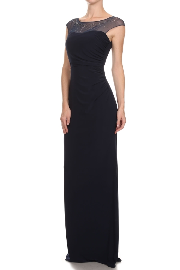 Cap Sleeve Mesh Top Formal Evening Dress with Rhinestones — in an alternative image