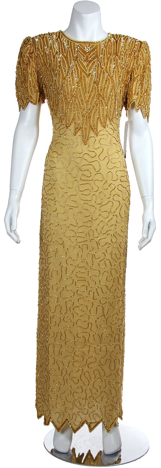Long Sequin Beaded Leaf Print Cocktail Dress — in gold