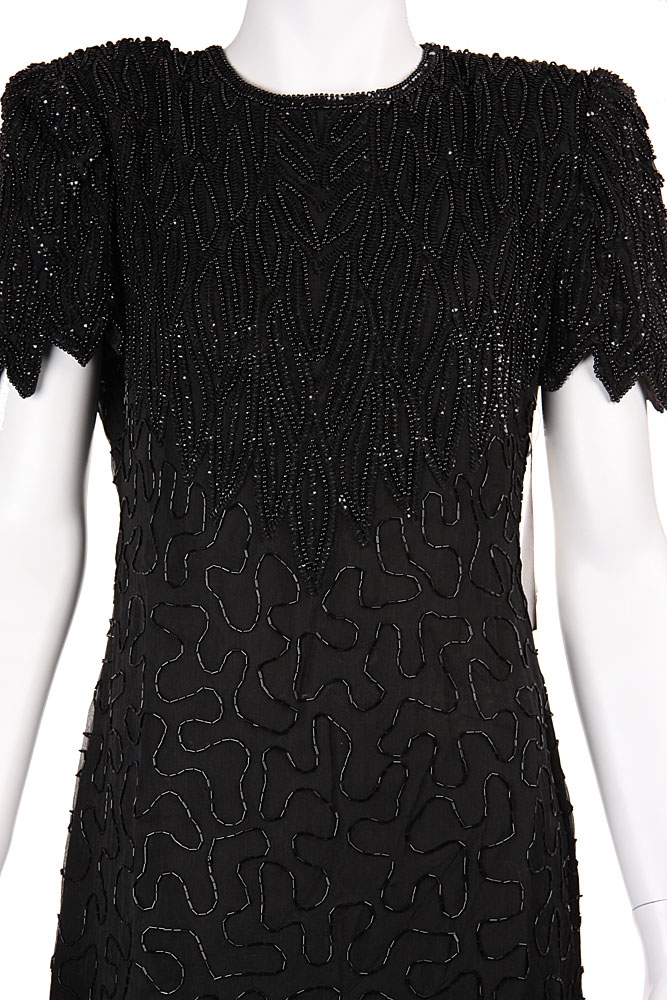Sequin Beaded Leaf Print Cocktail Dress — in closeup