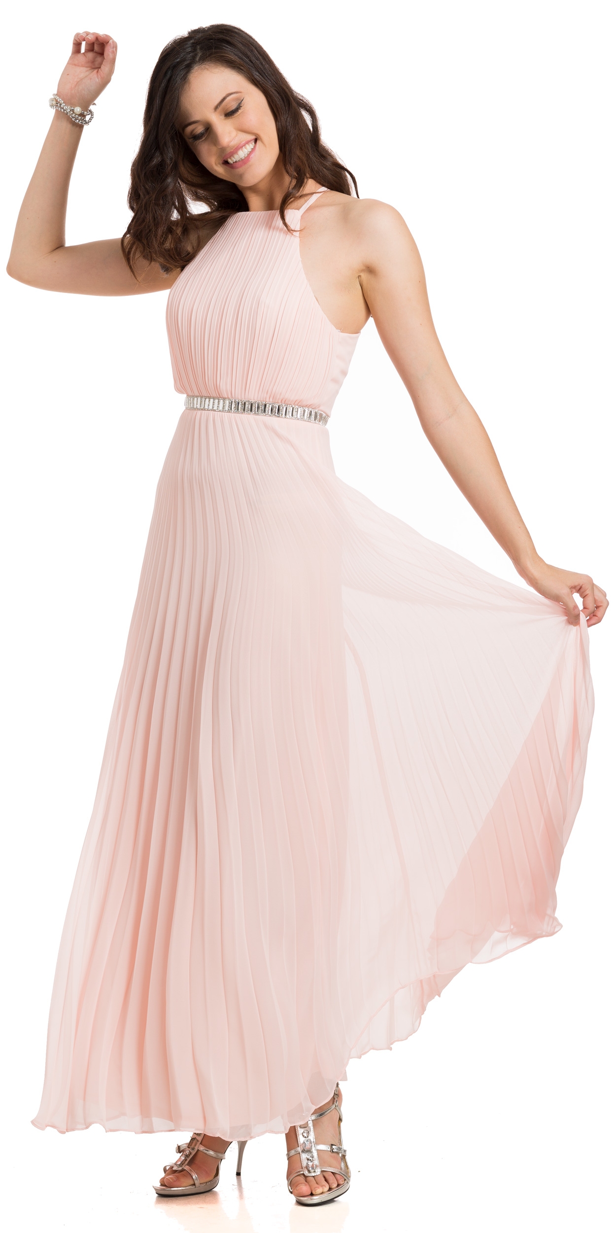 Sleeveless Bejeweled Waist Pleated Formal Evening Dress