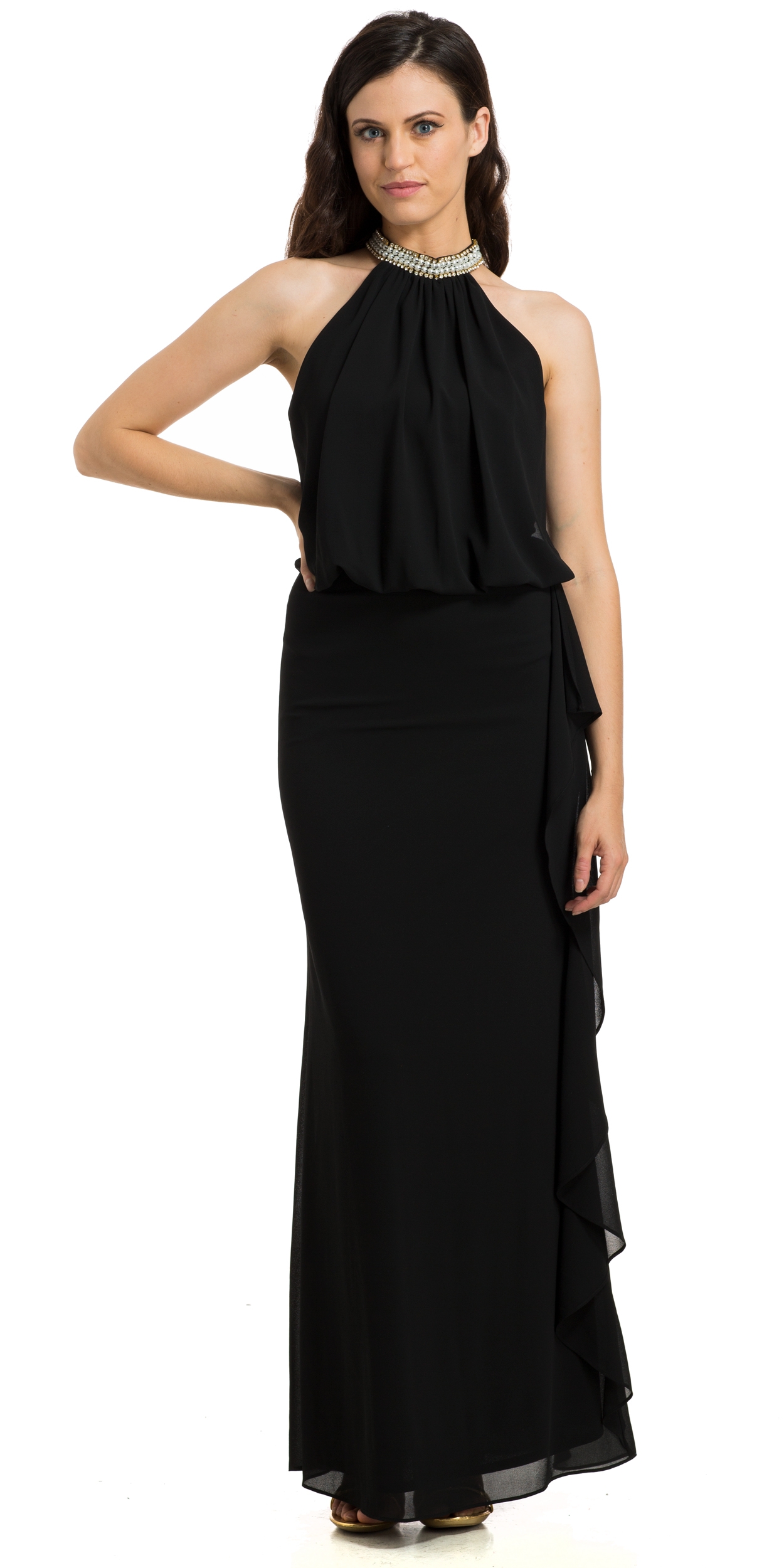 Bejeweled High Neck Ruffled Side Formal Evening Gown