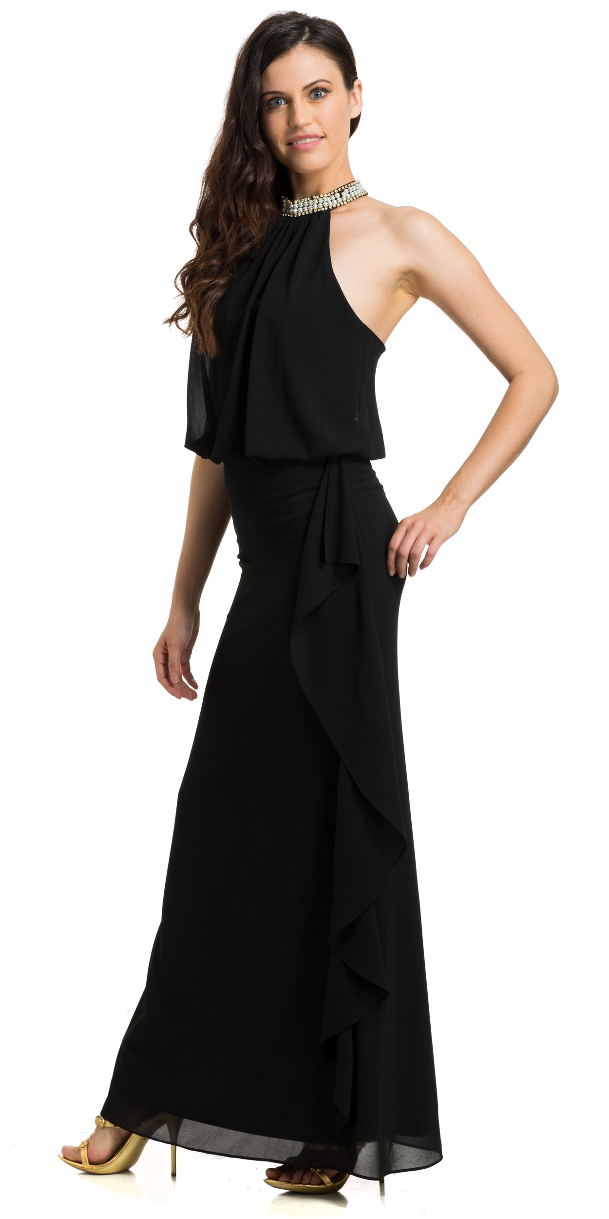 Bejeweled High Neck Ruffled Side Formal Evening Gown — in an alternative image