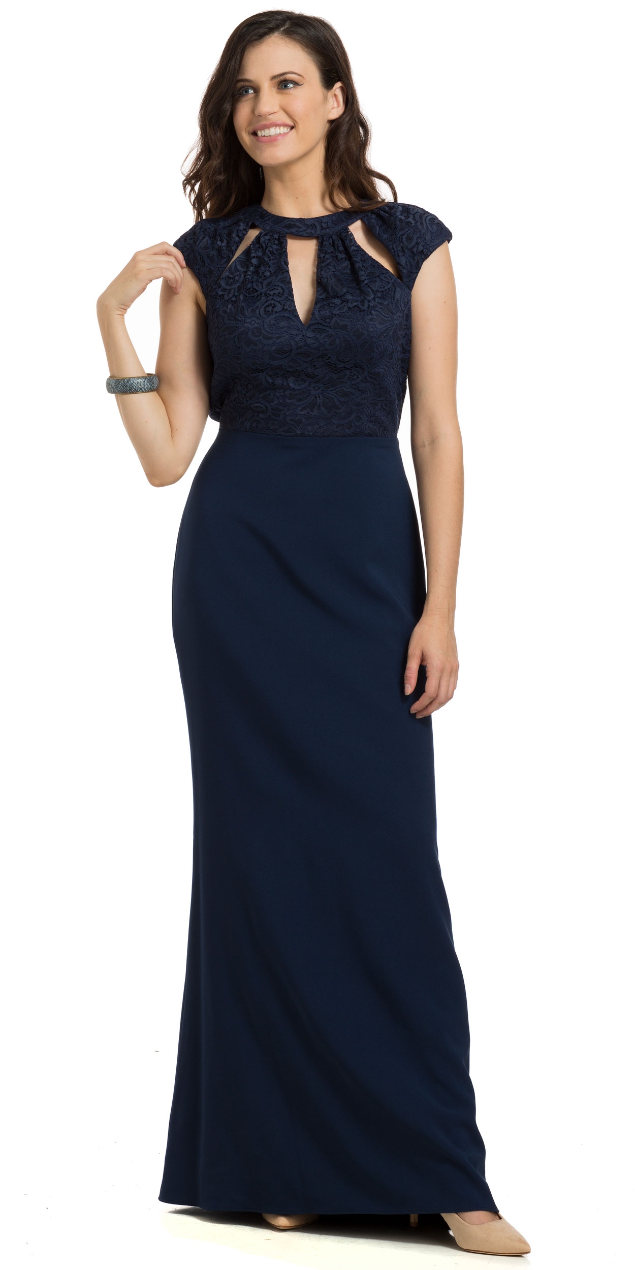 Lace Top Cutout Neckline Open Back Formal Evening Gown