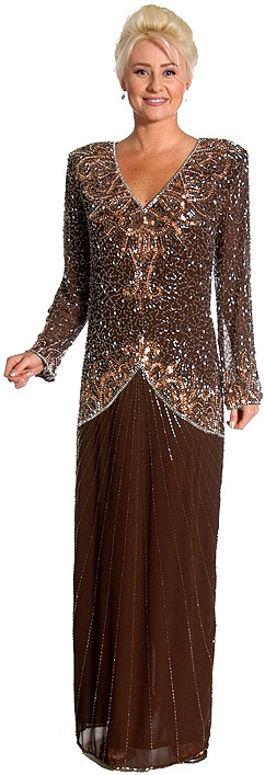 V-Neck Handbeaded Long Formal Gown with Full Sleeves