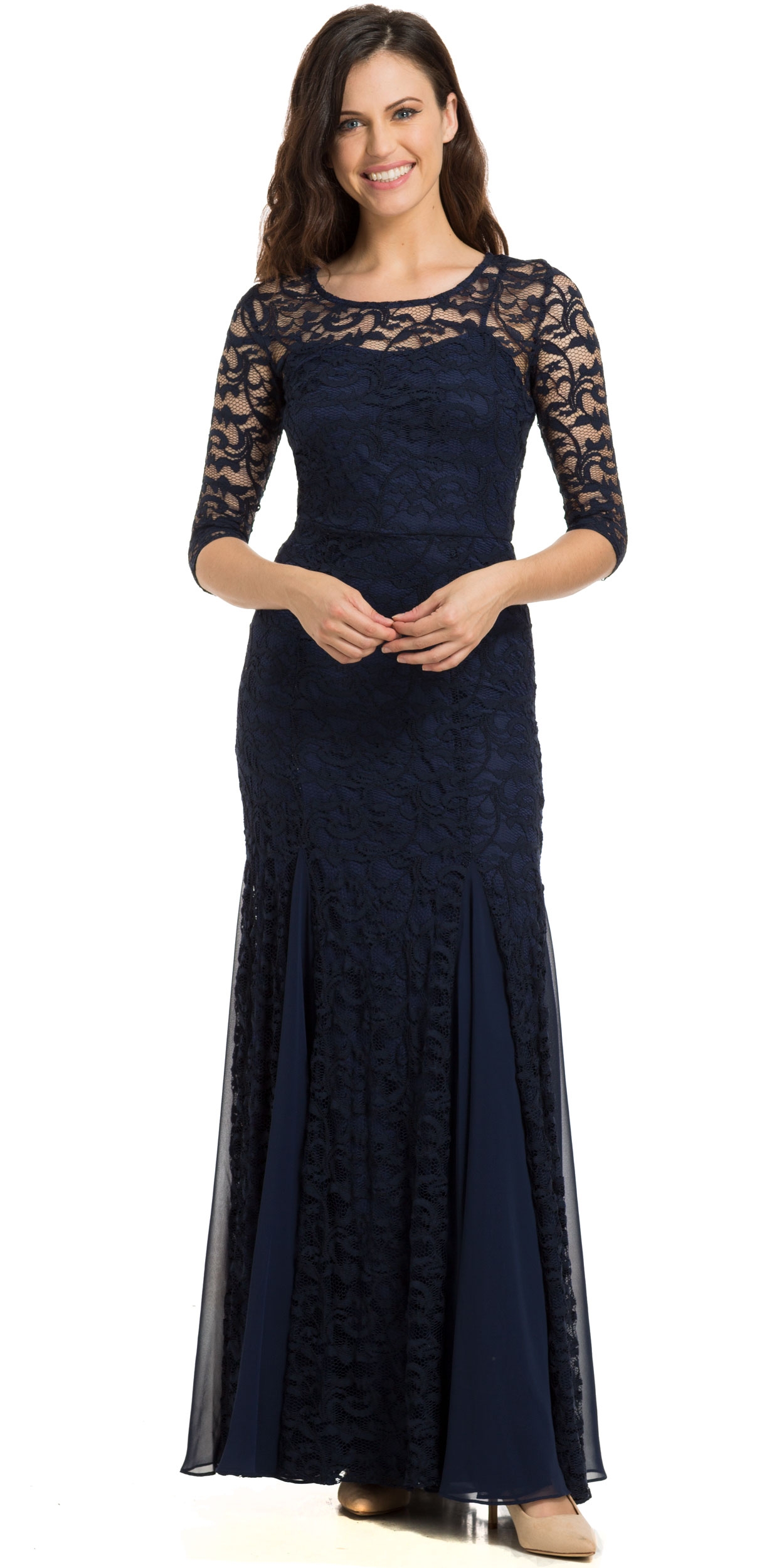 Round Neck Chiffon Panel Details Lace Formal Evening Gown  — in an alternative image