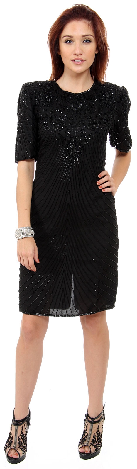 Above the Knee Short Sleeve Sequin Flowered Dress