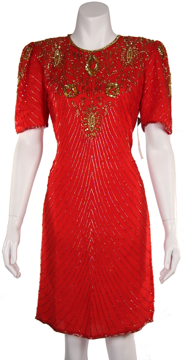 Above the Knee Short Sleeve Sequin Flowered Dress — in Red/Gold